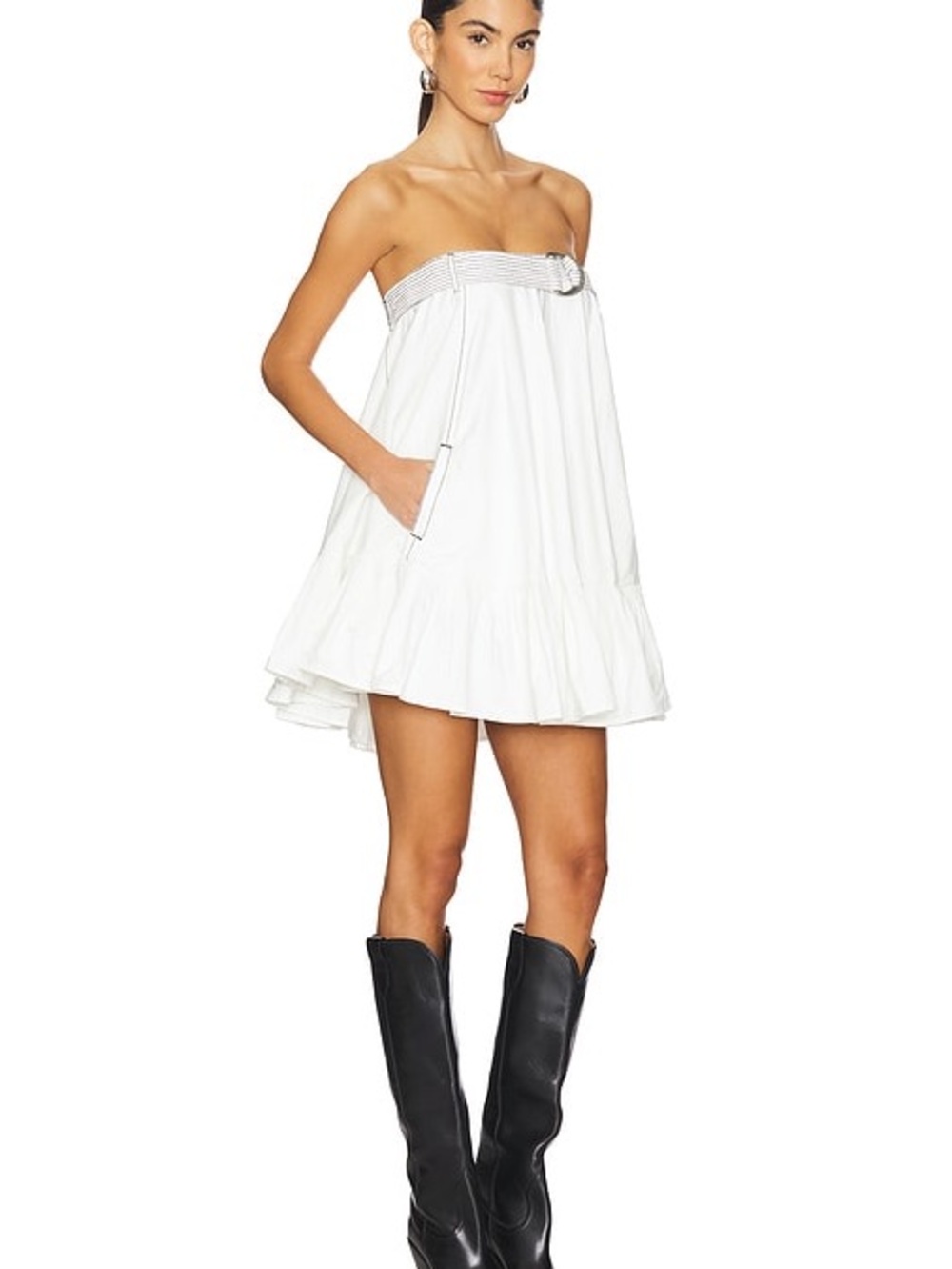 Free People White Spaghetti-Strap Mini Dress with Belt Detail - Picture 2 of 8